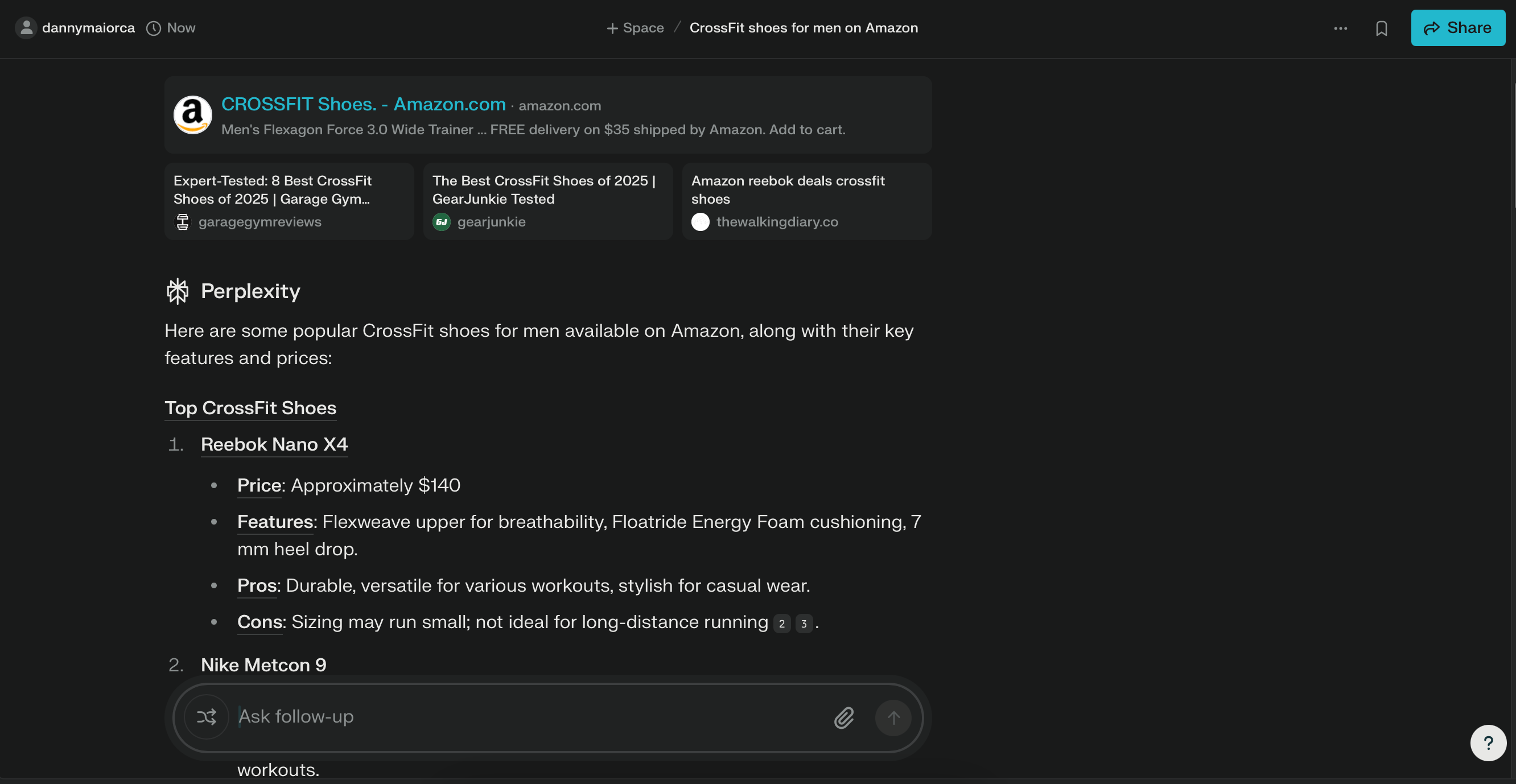 Asking the Perplexity software for an overview of shoes