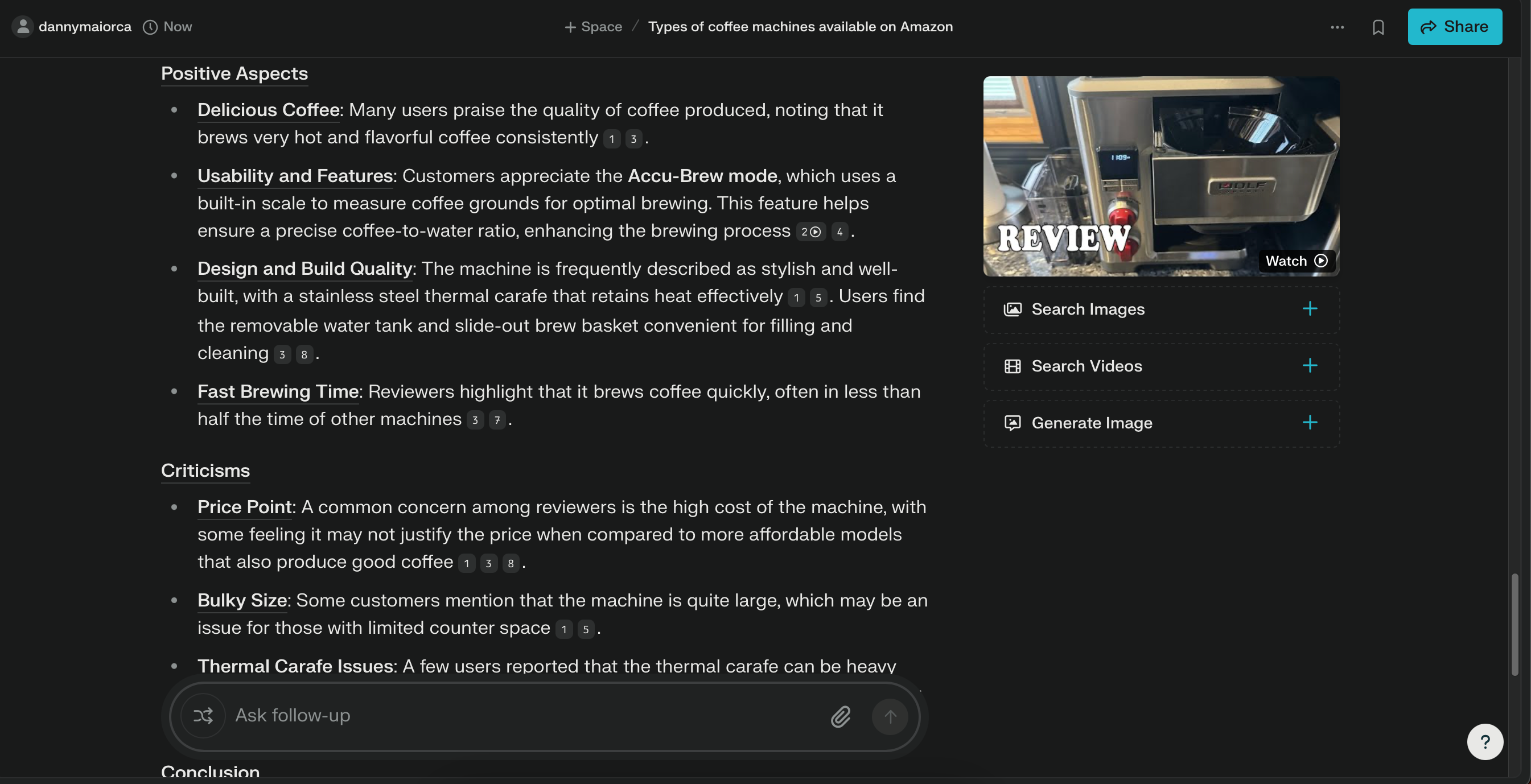 Different customer reviews being shown in Perplexity
