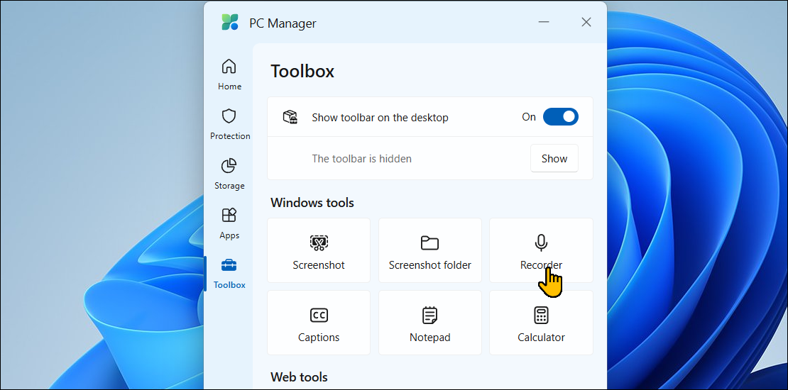 The Toolbox tab open in Microsoft PC Manager on Windows 11