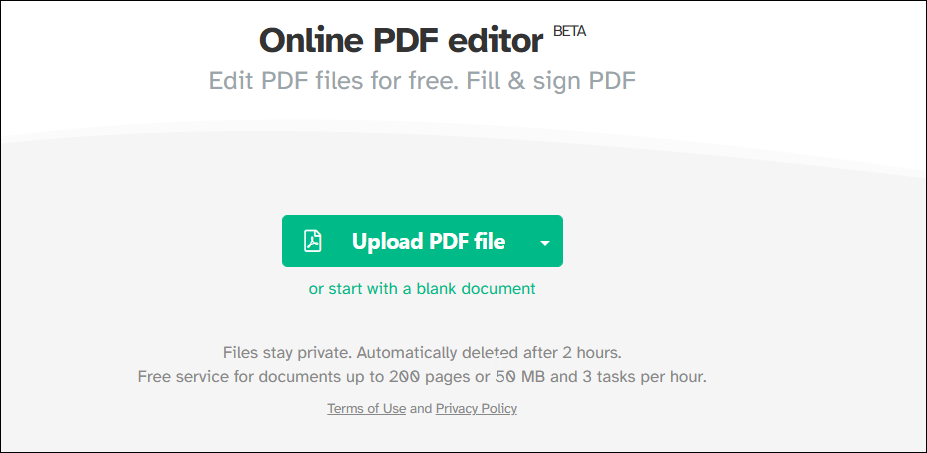 Upload PDF file option on the Sejda web online PDF editor