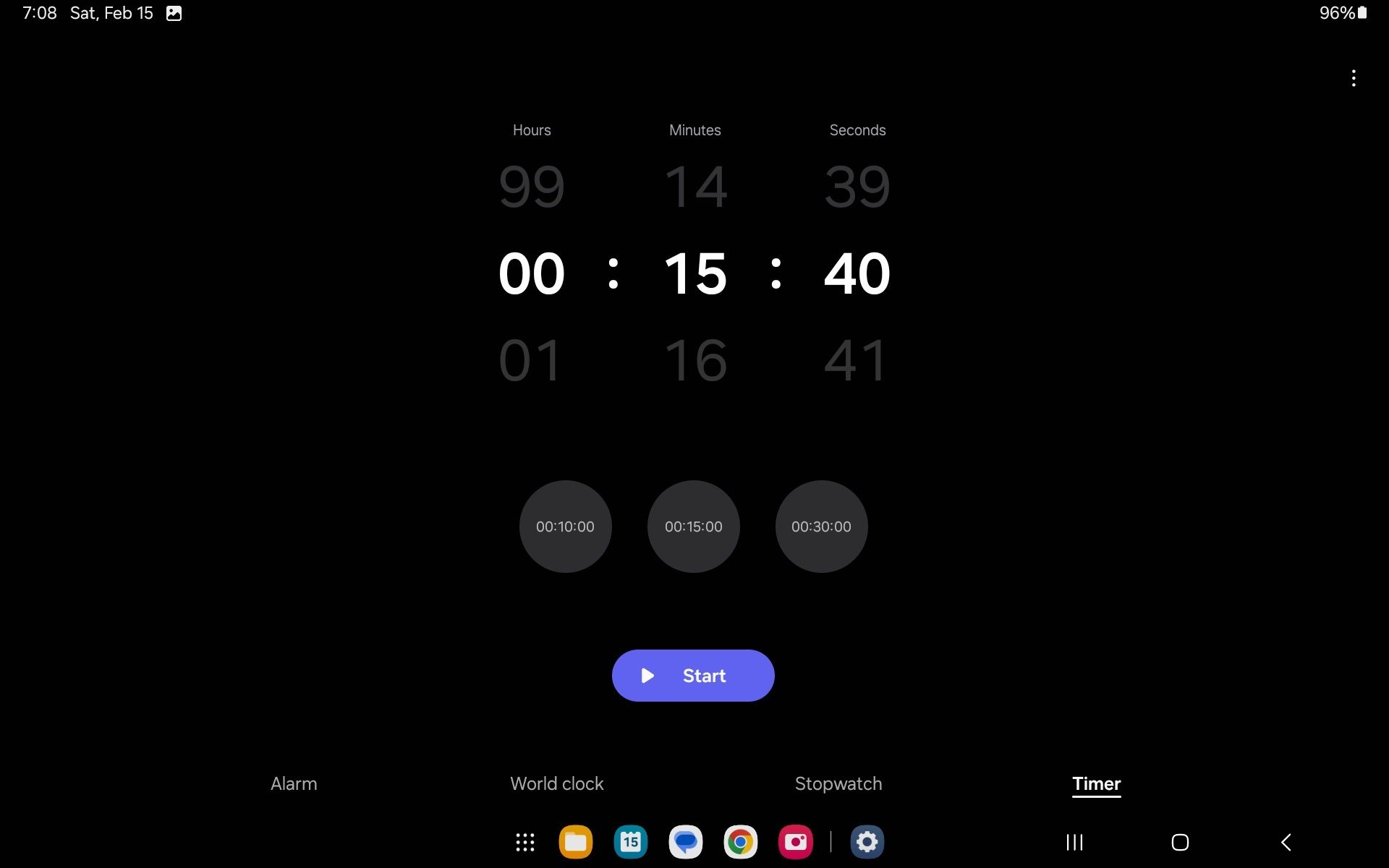 Using the Timer app on Samsung tablet, set to 15 minutes.