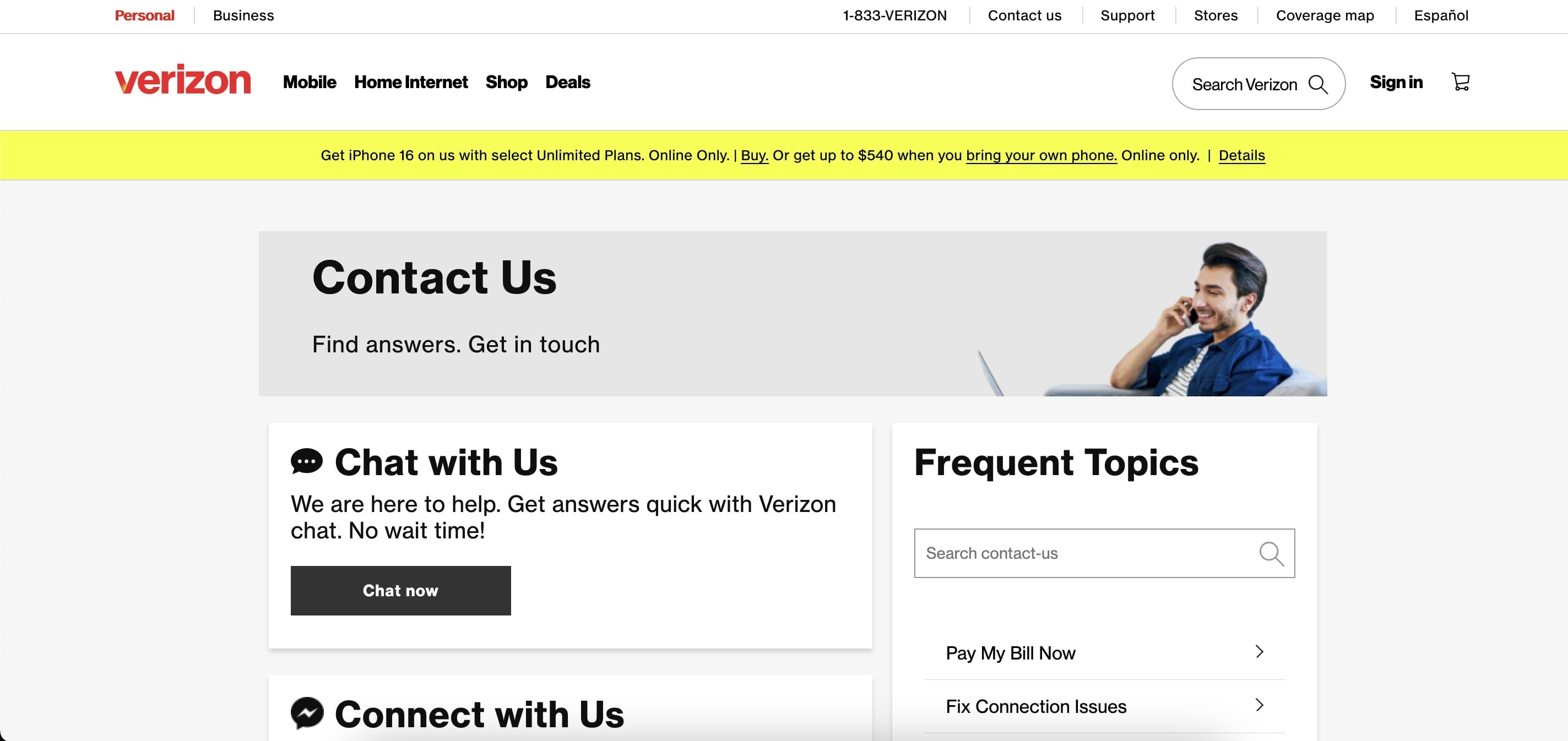 Verizon support contact page