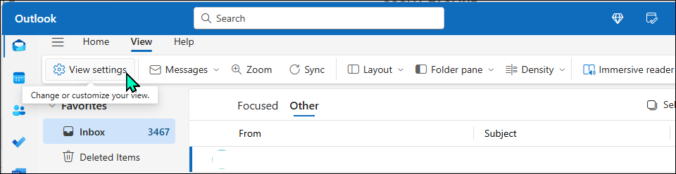 View settings highlighted in the Outlook Windows app