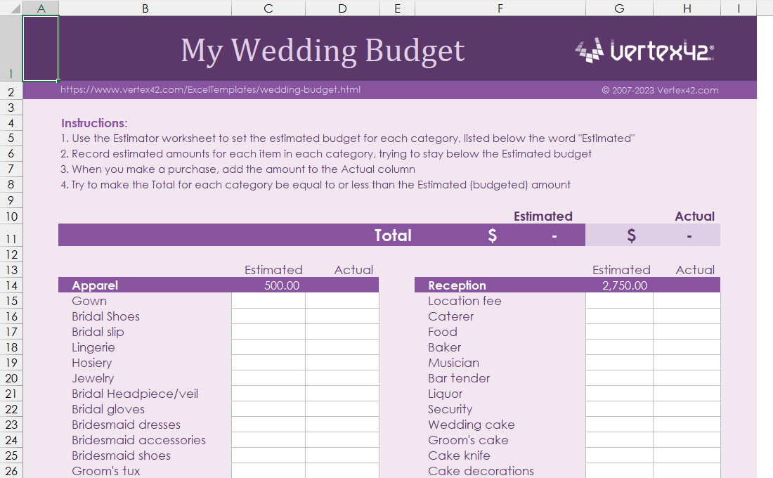 The Wedding Budget Planner Excel template.