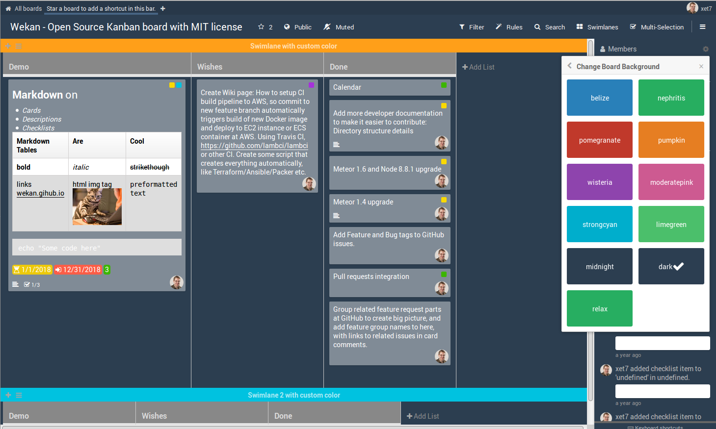 WebKan interface with a Kanboard open