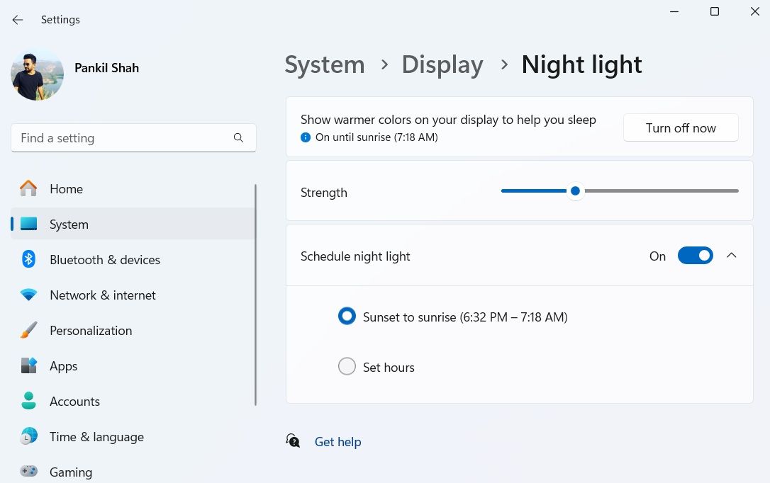 Windows Settings app showing Night Light setting