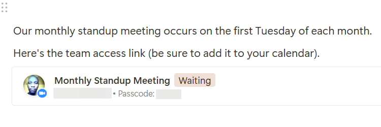 A preview of a Zoom embed in Notion.