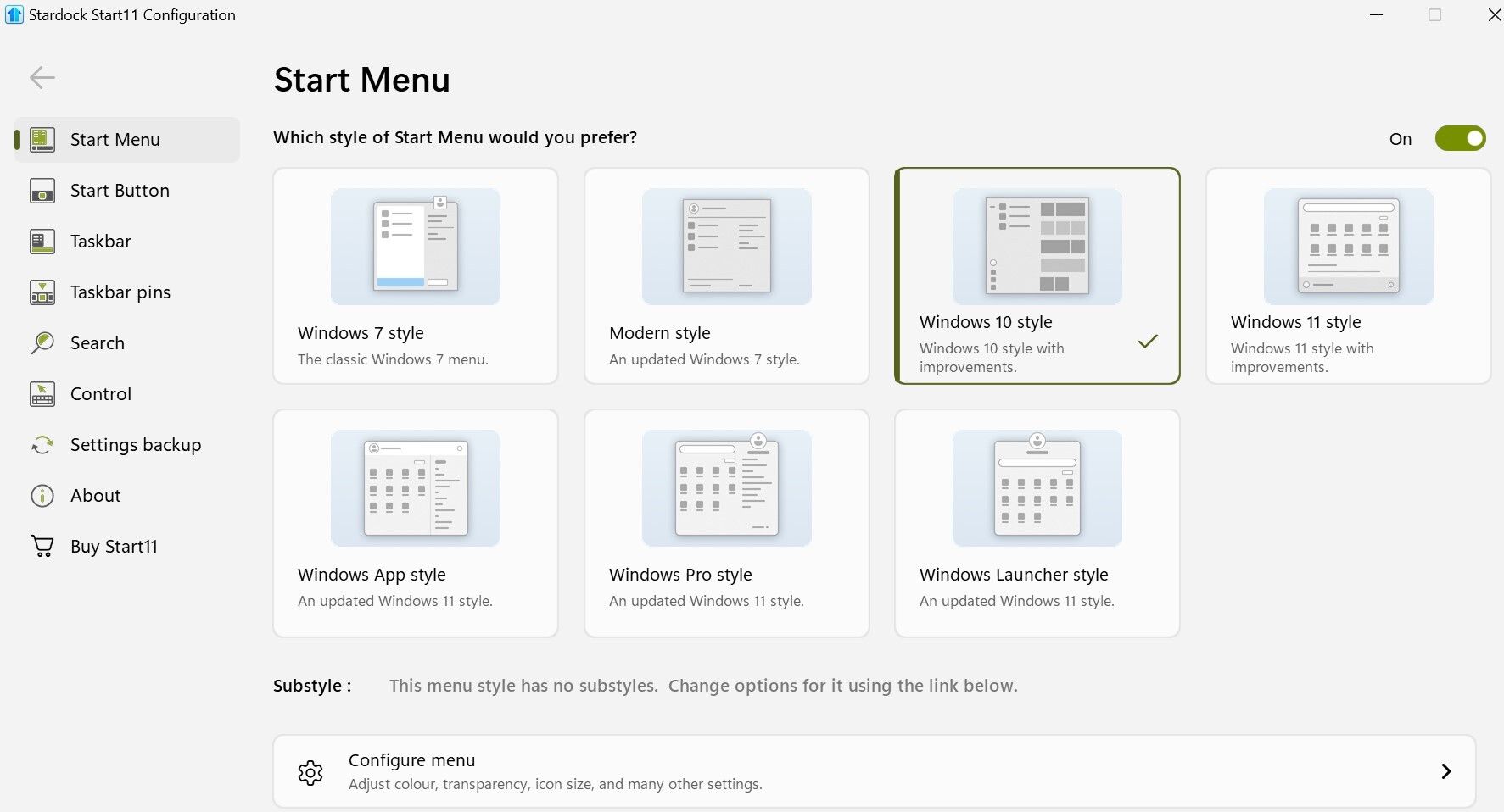 Customizing the Start menu using the Start11 app.