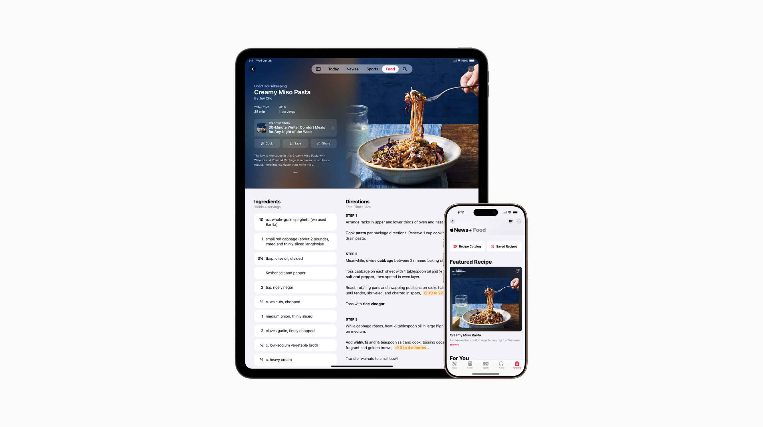 Apple devices displaying the new News+ Food service from Apple