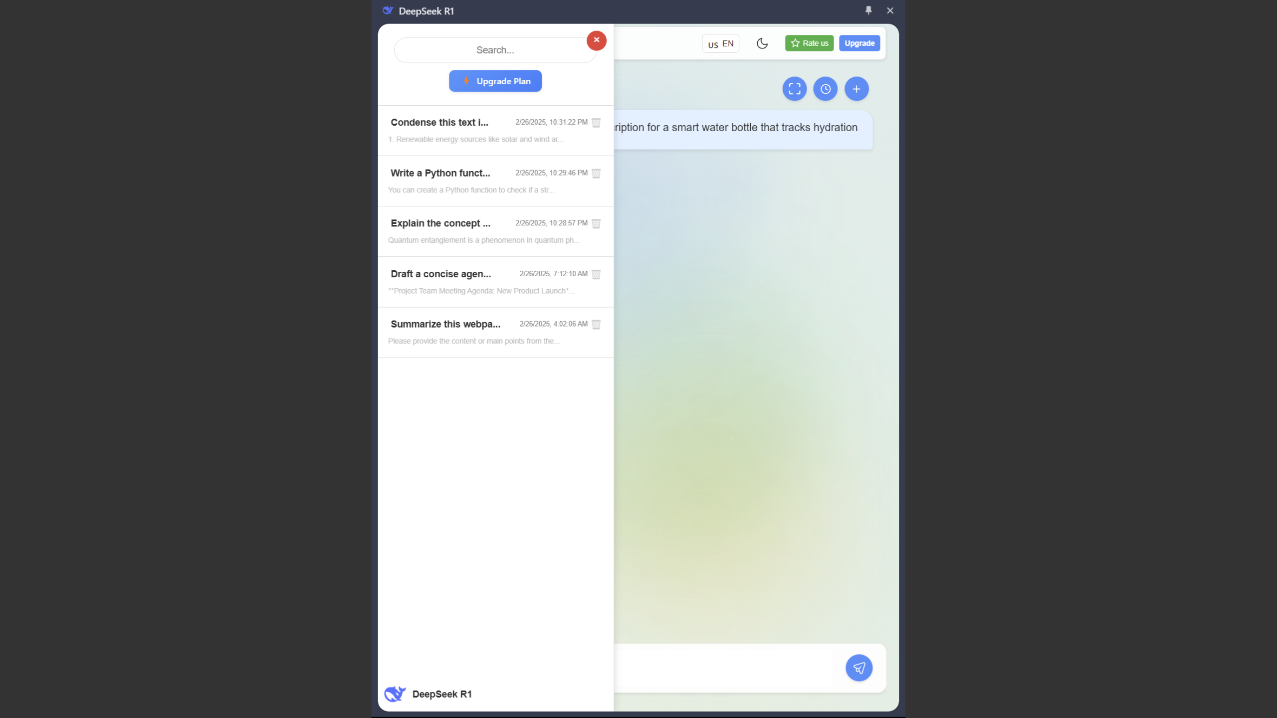 DeepSeek AI based Chrome extension by fadelmalnab showing conversation history