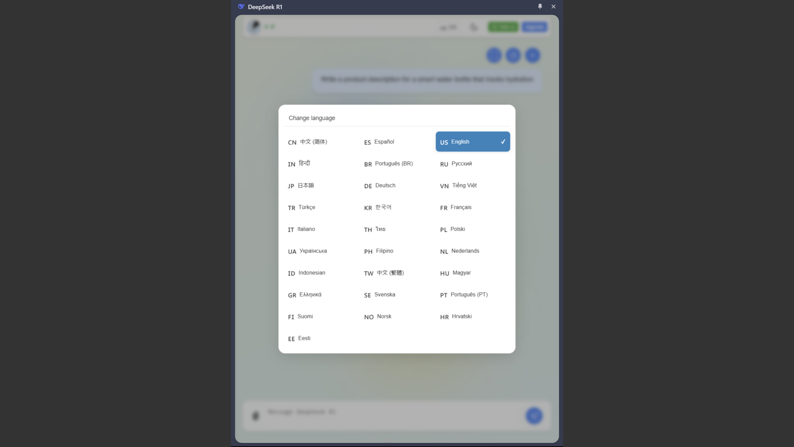 DeepSeek AI based Chrome extension by fadelmalnab showing different language options