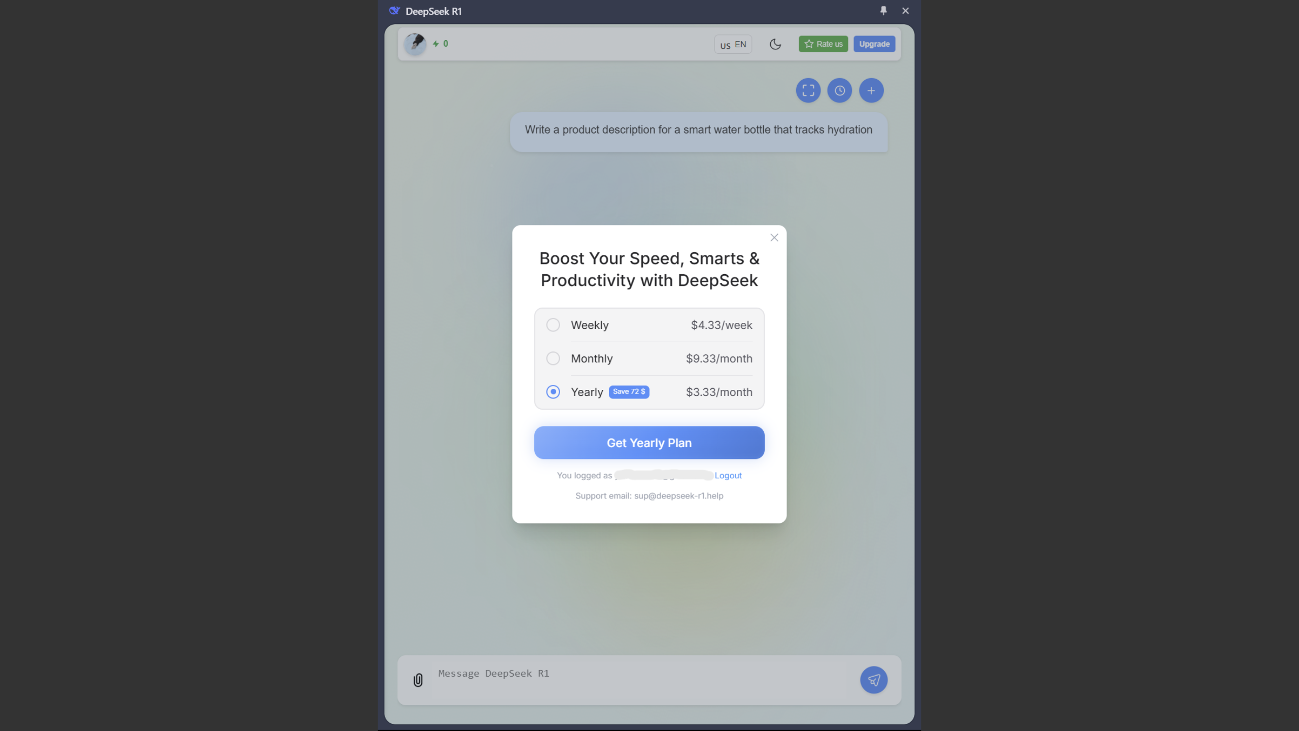 DeepSeek AI based Chrome extension by fadelmalnab showing picing for premium membership