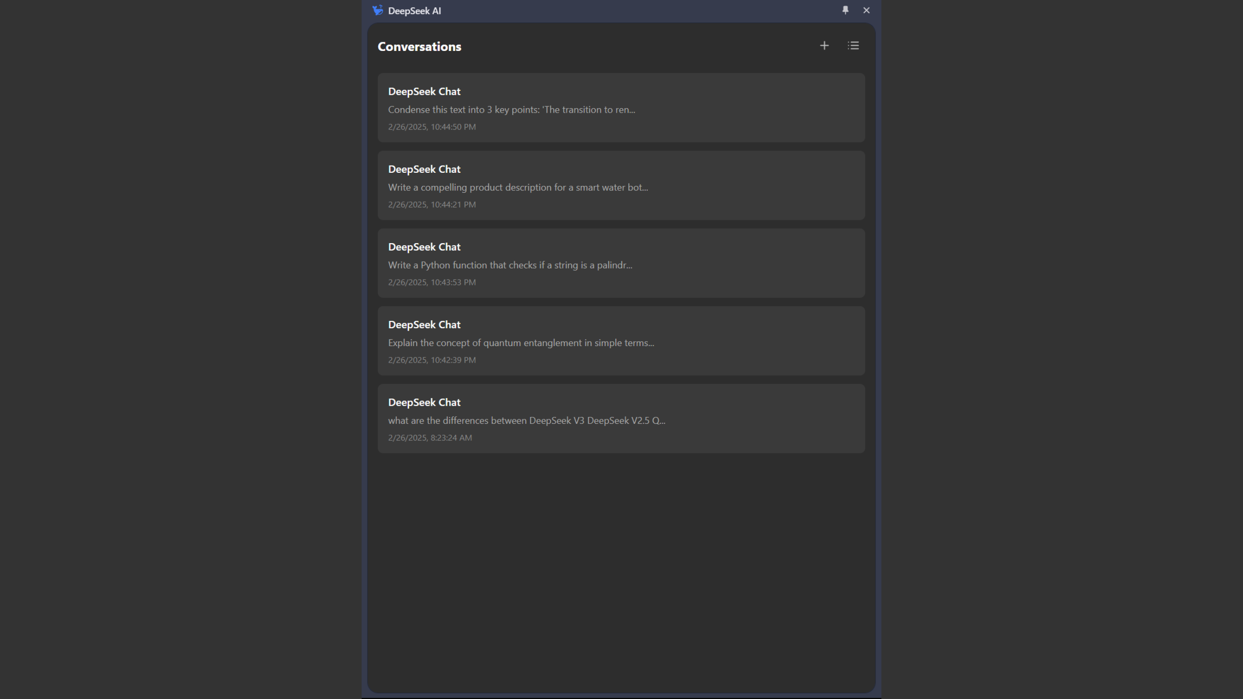 DeepSeek AI based Chrome extension by SupaEasy showing chat history