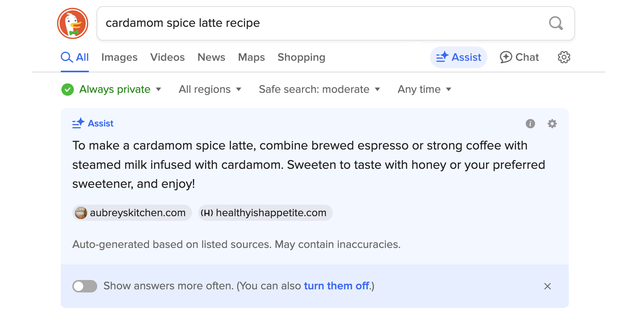 Example of a DuckDuckGo AI-assisted answer to a search engine prompt