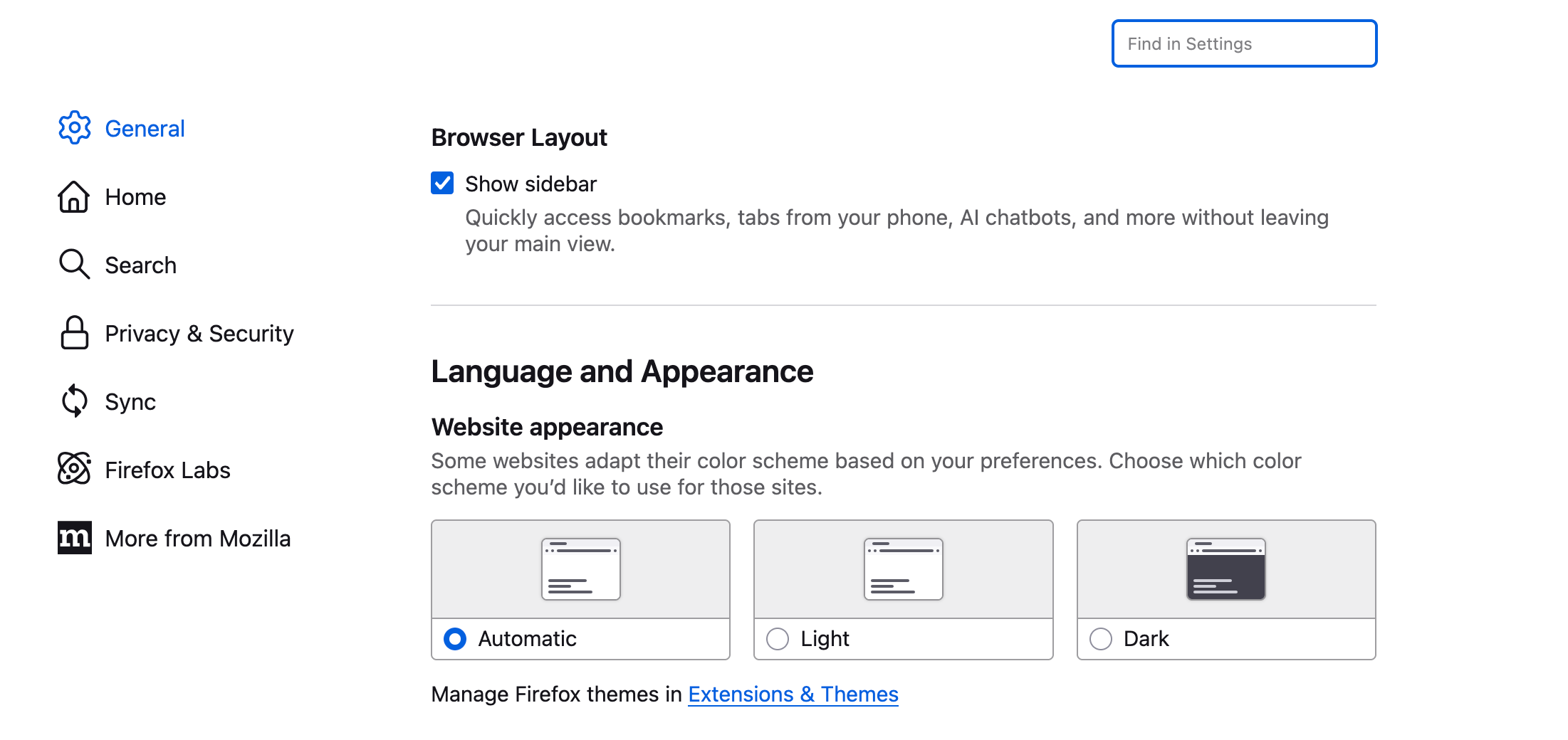 Firefox Settings page to set up its new Cutomize Sidebar