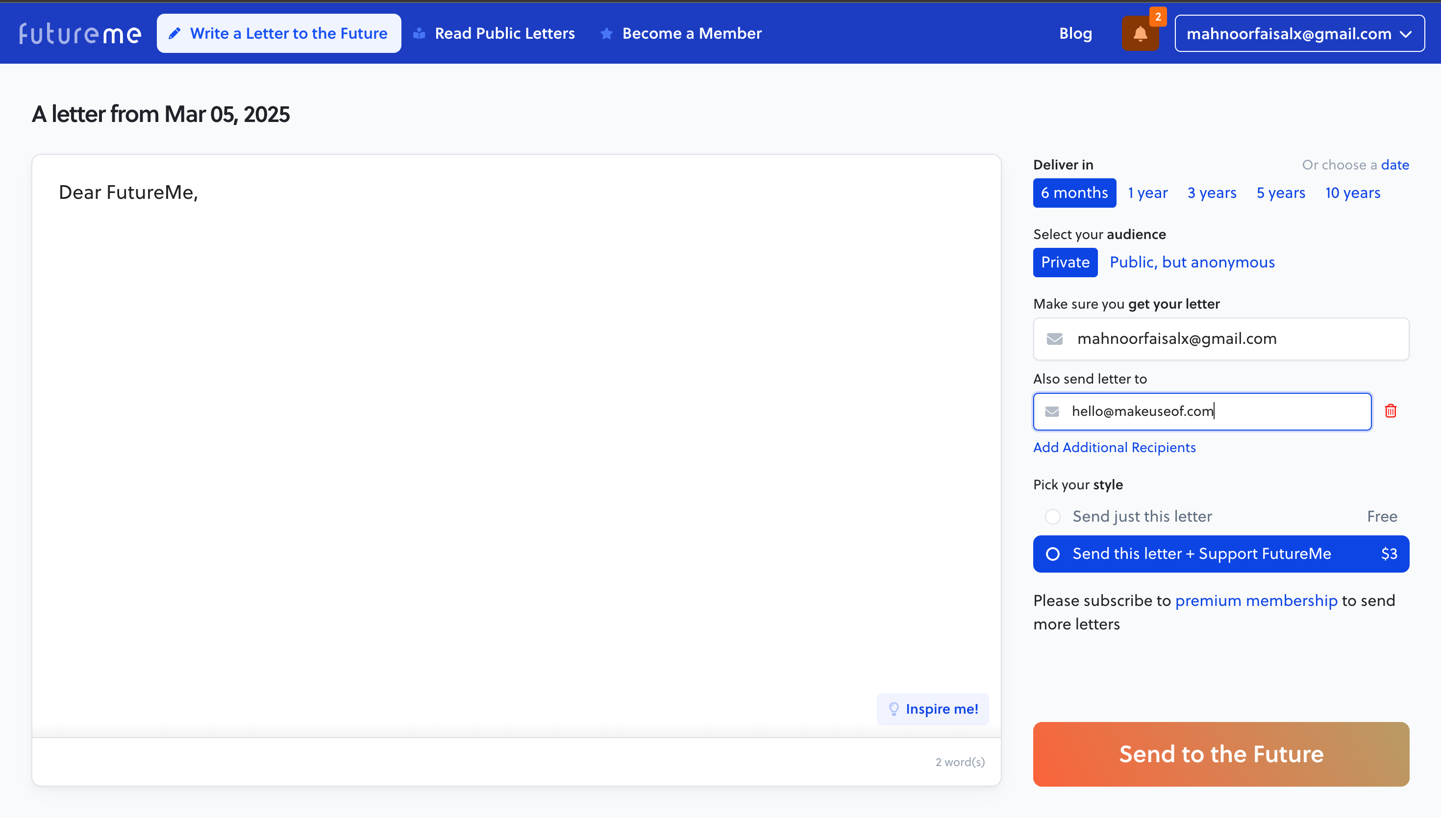 FutureMe website displaying a textbox to write a letter along with different customization options