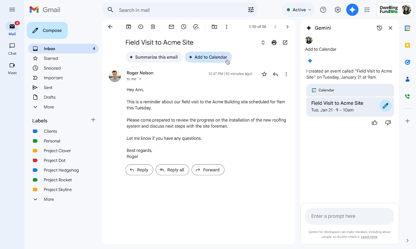 Gmail's Gemini feature allowing a user to quickly add an event to their calendar