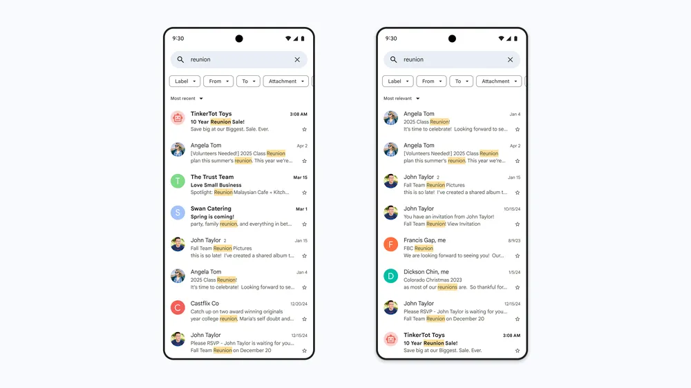 Two mobile devices displaying a before and after using the AI-powered Most relevant search feature