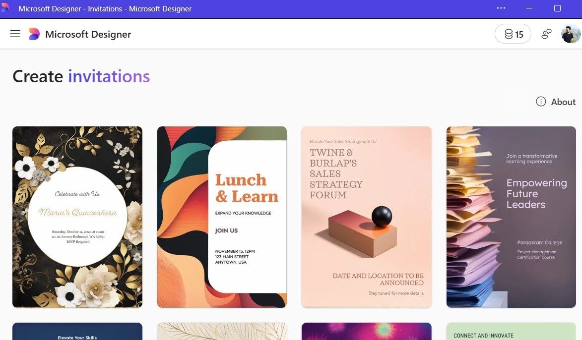 Microsoft Designer app showing invitation templates