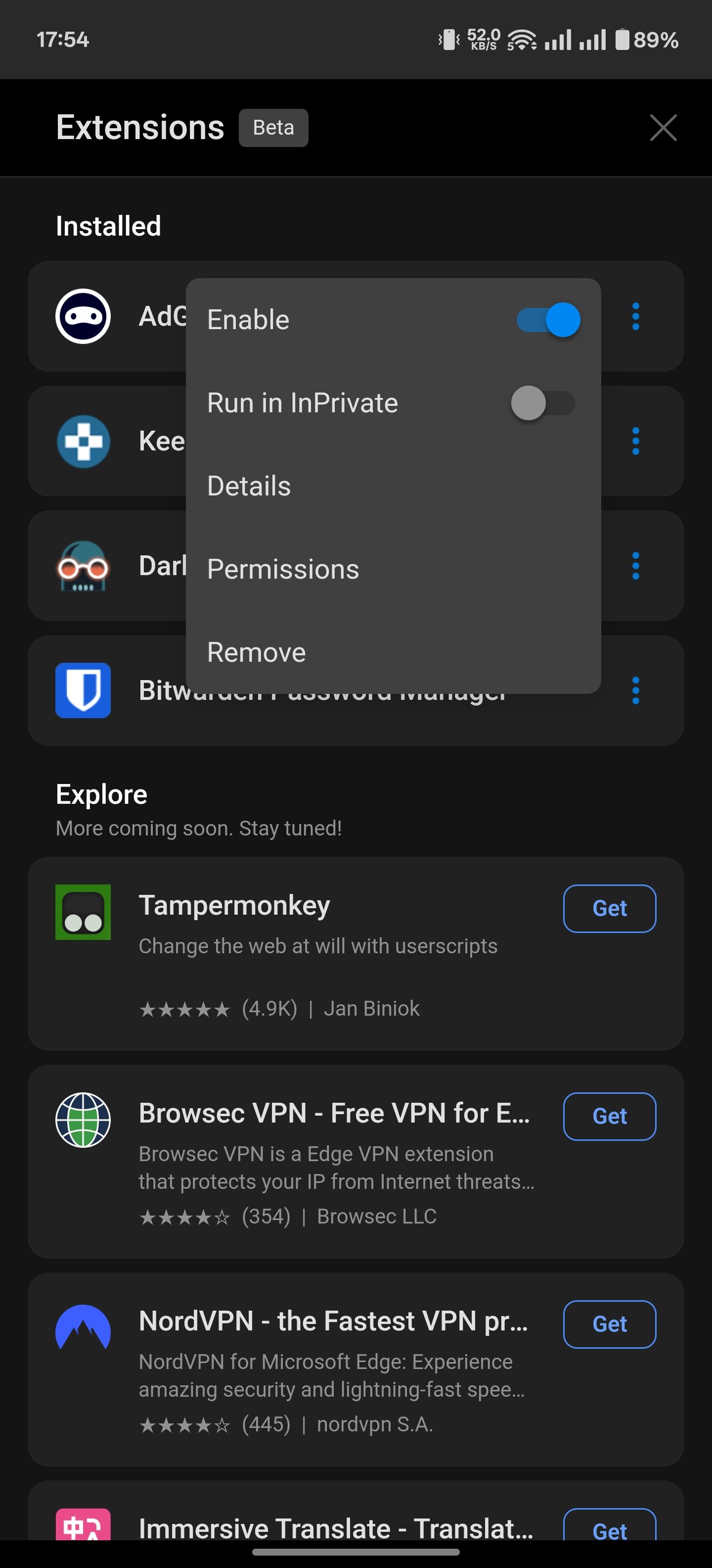 Managing an installed extension in Edge for Android.