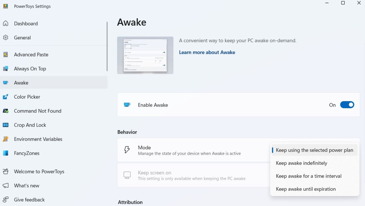 Microsoft PowerToys showing Awake feature