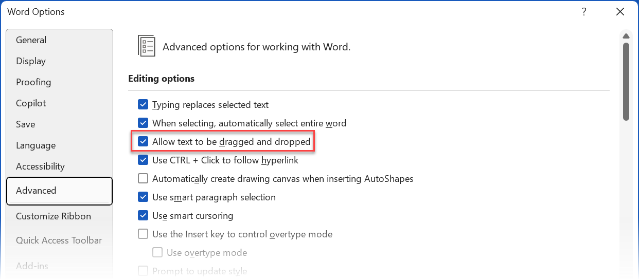 Microsoft Word Drag-Drop setting in Word Options