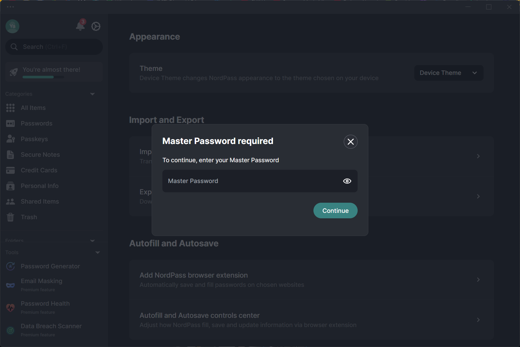 NordPass desktop app showing master password window for continuation.