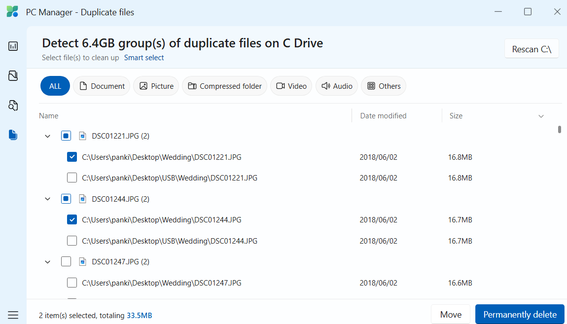 PC Manager showing duplicate files on Windows.