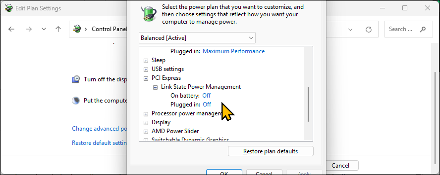 PCI express link state power management option under Power Options on Windows 11