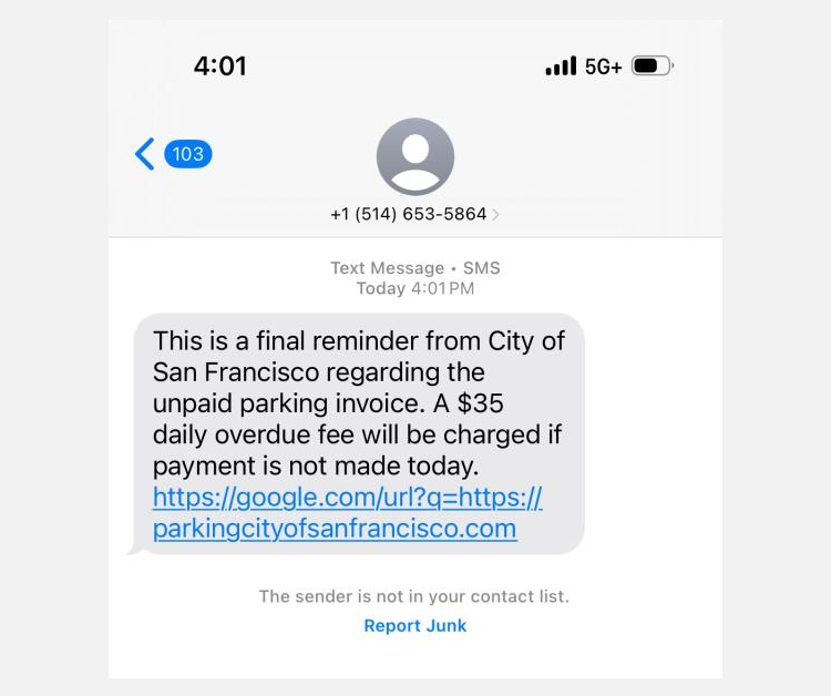 phishing scam sms parking fee from san francisco