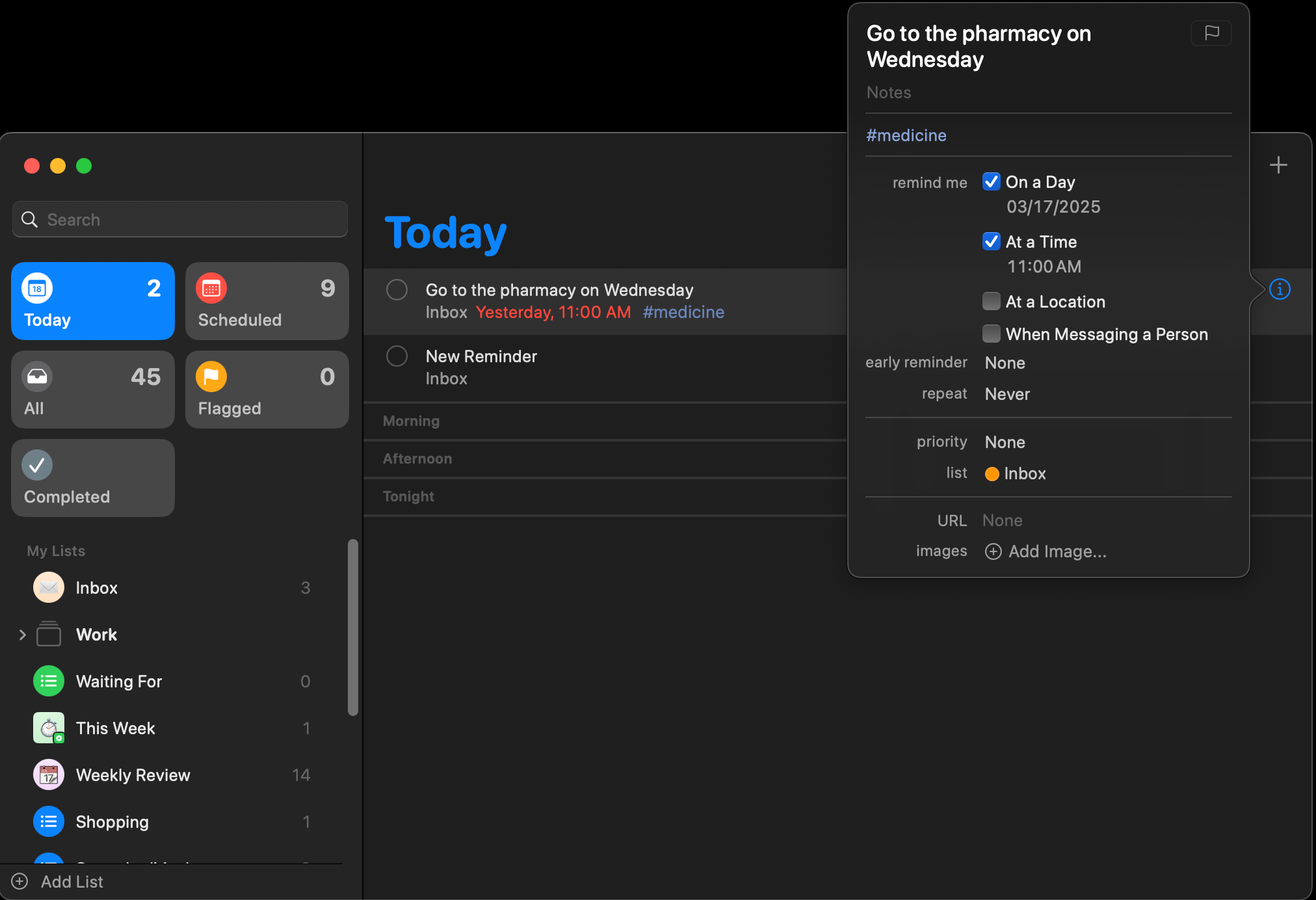 A Reminders window on a Mac showing how to add tags