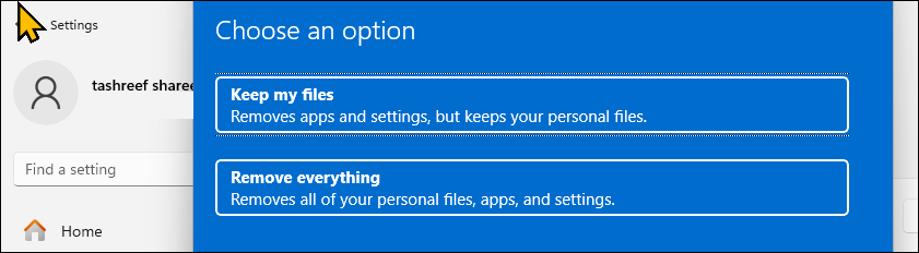 Reset this pc choose an option screen on Windows 11