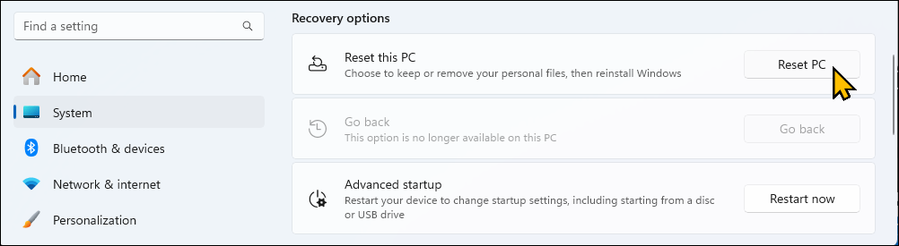 Reset This PC option on the Settings app on Windows 11