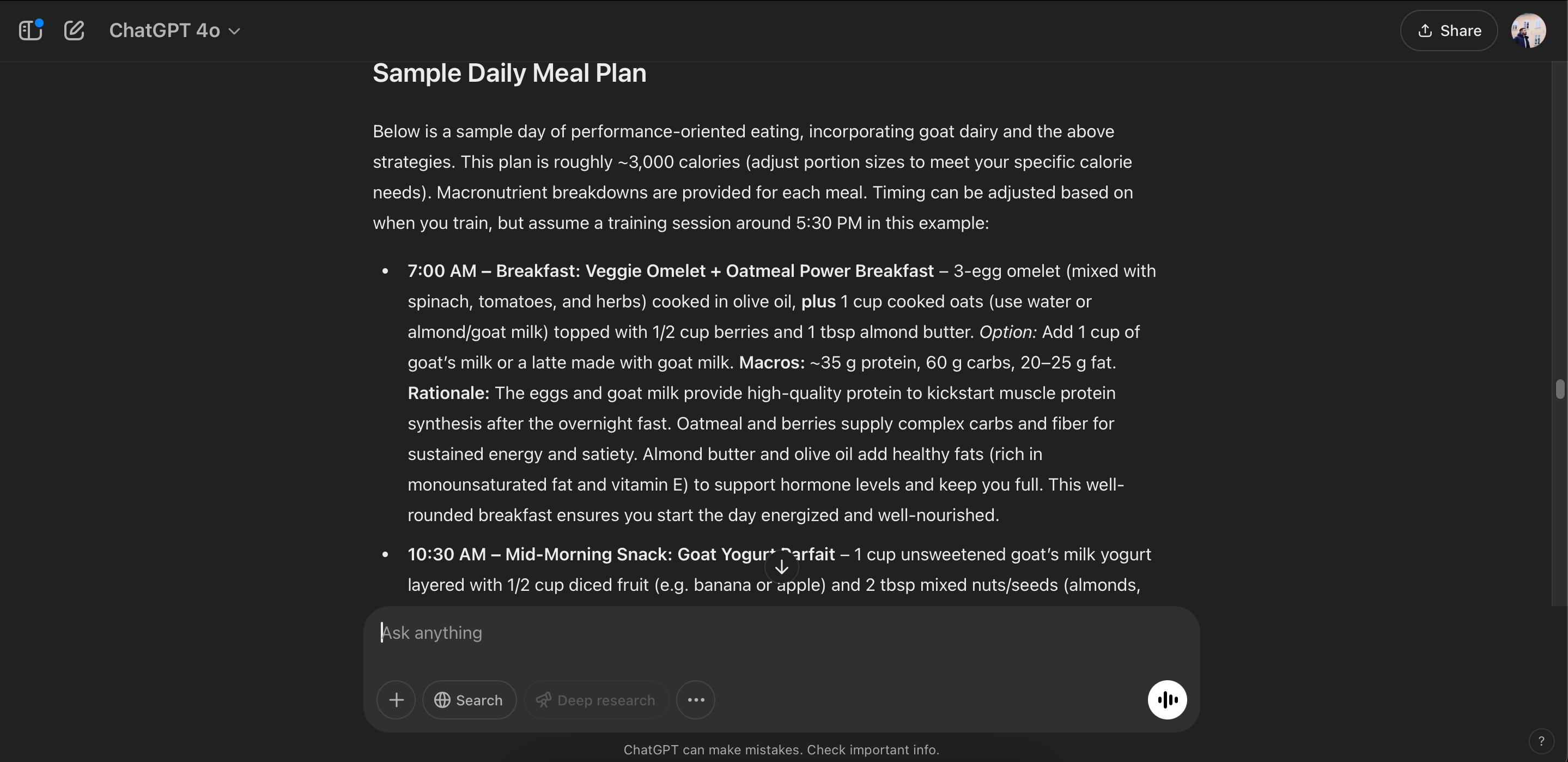 Finding diet information on ChatGPT Deep Research
