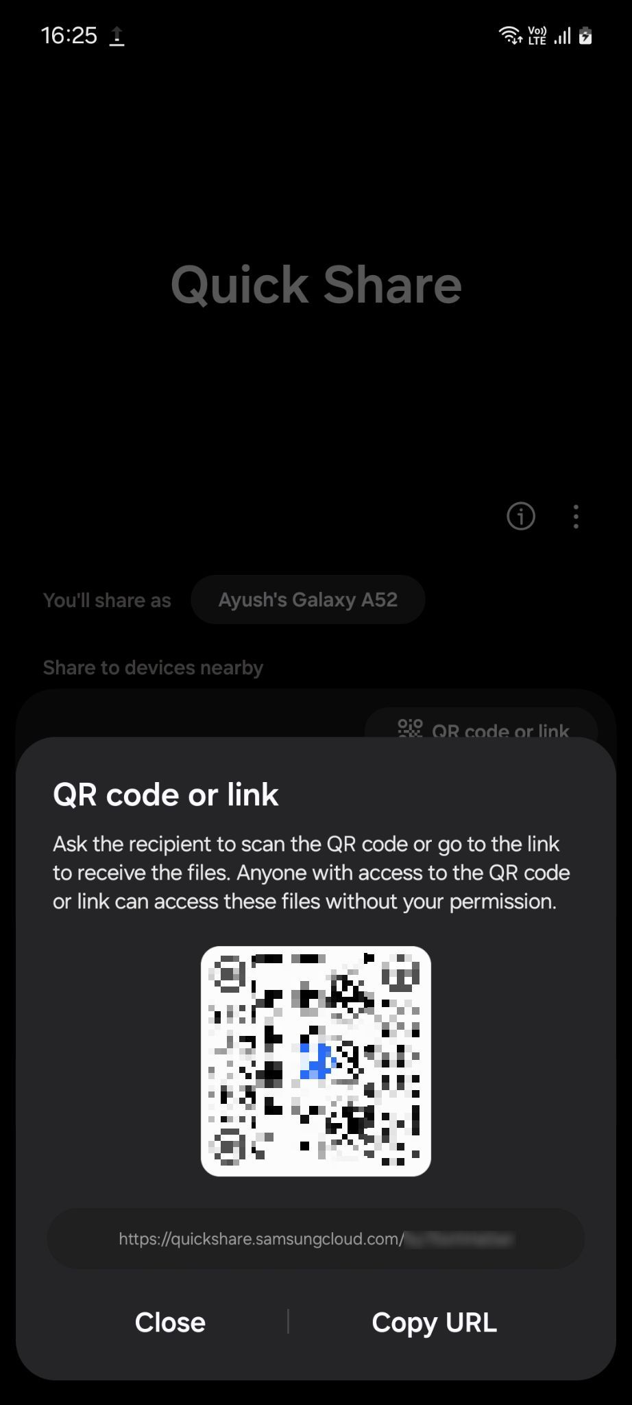 Samsung Quick Share QR code and share link