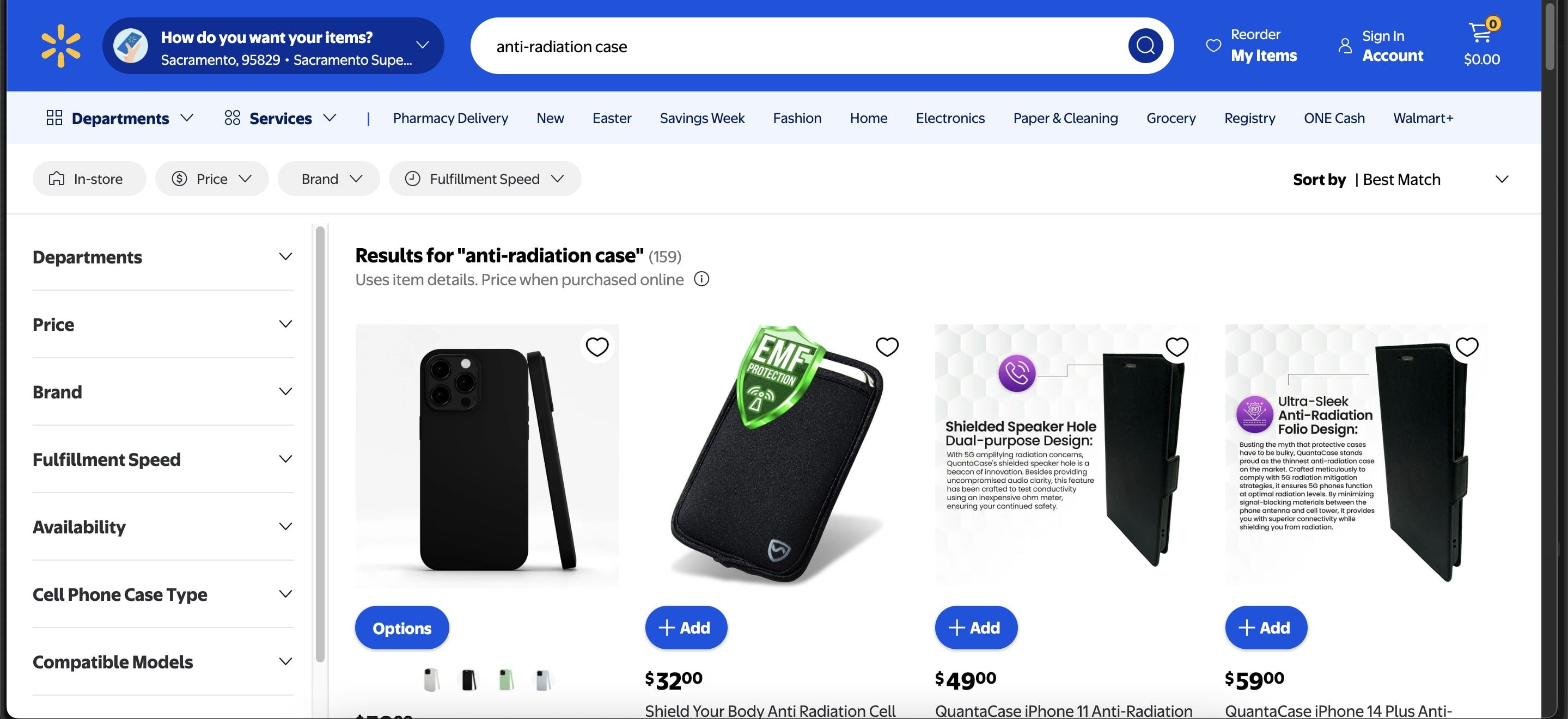 search page showing anti-radiation cases on walmart