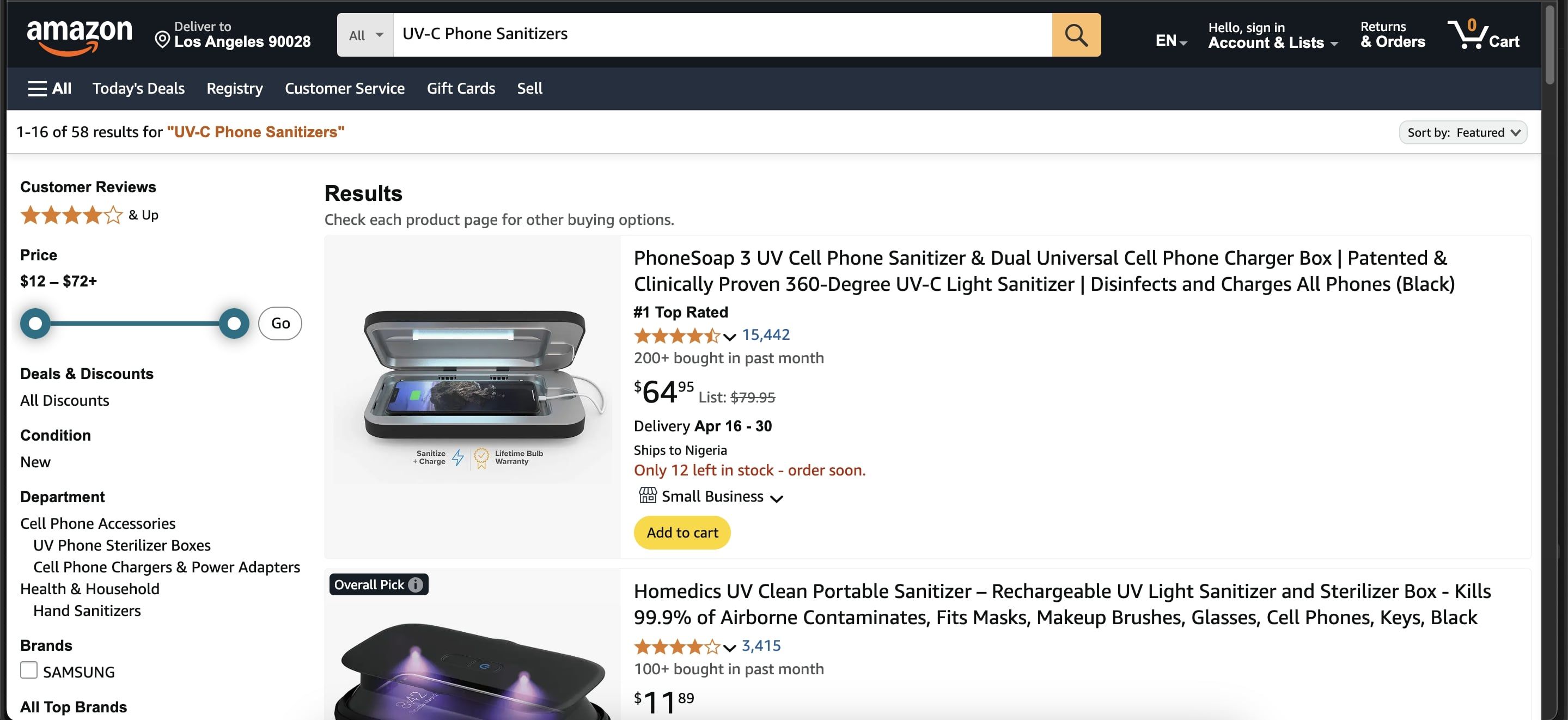 search page showing UV cell phone cleaners on Amazon