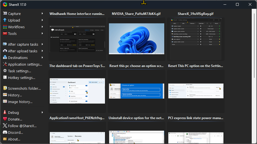 Sharex user interface on Windows 11