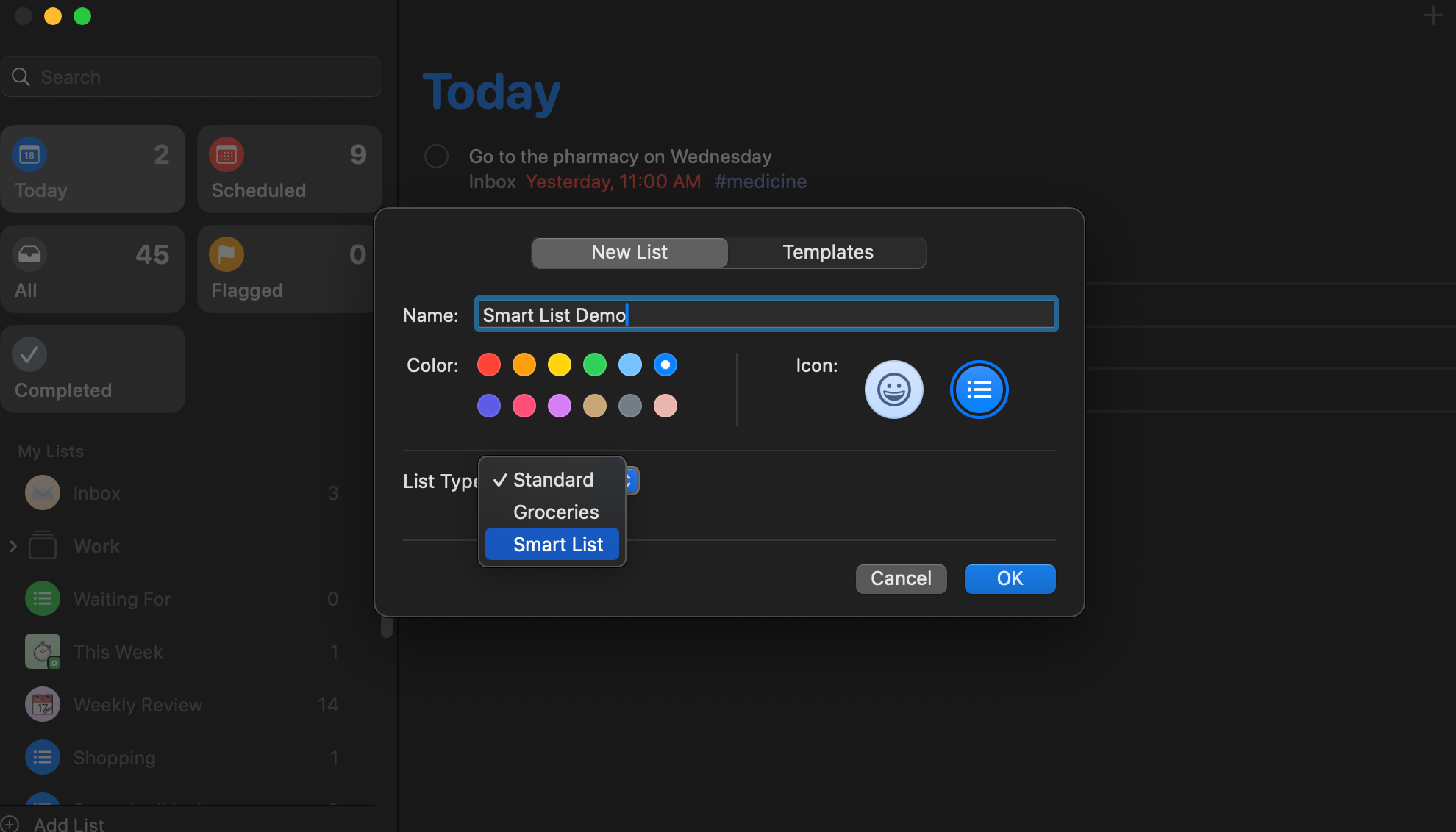 The Smart List window in Reminders