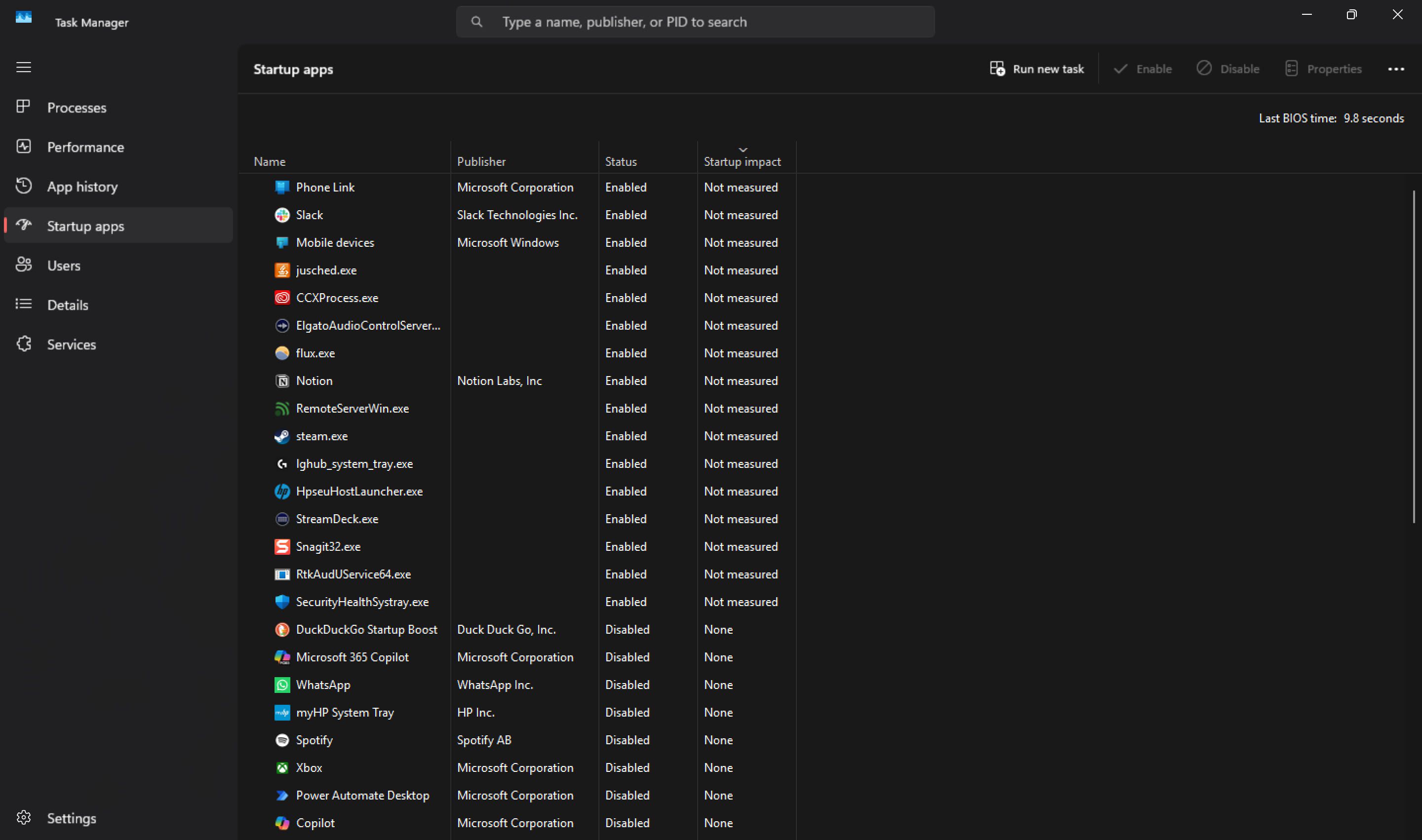 Startup apps tab in Task Manager showing enabled and disabled apps