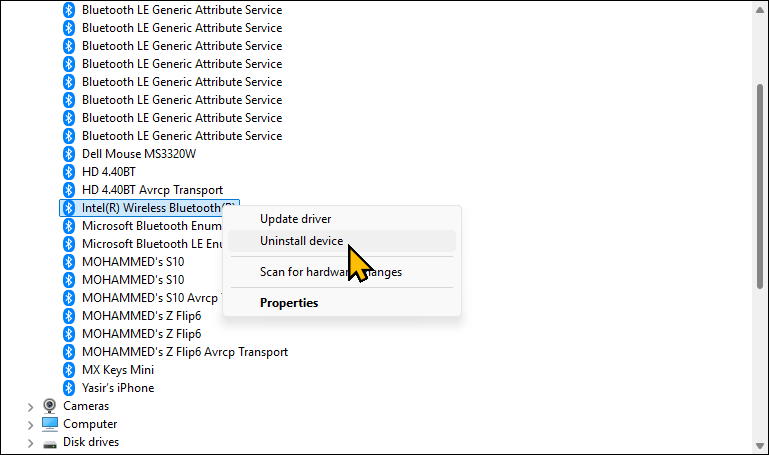 the Bluetooth Adapter context menu on Device Manager in Windows 11
