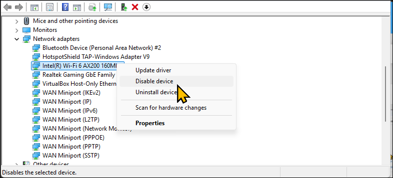 Uninstall device option for the network adapter on Device manager in Windows 11