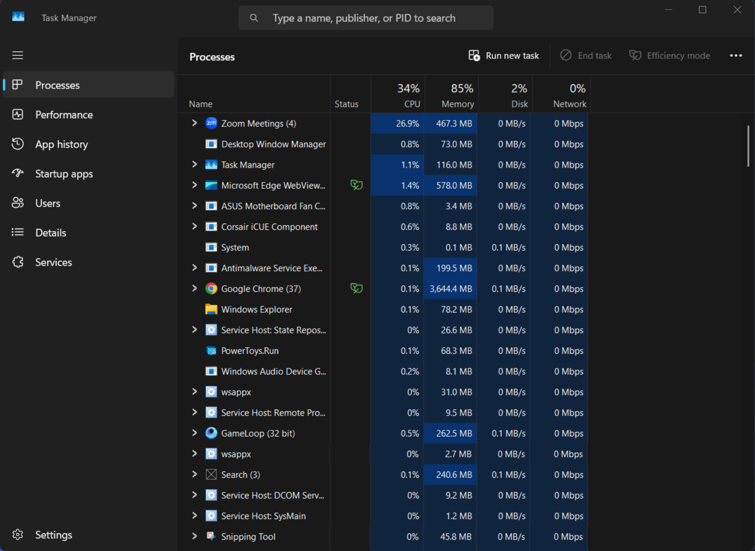 Windows Task Manager showing different processes