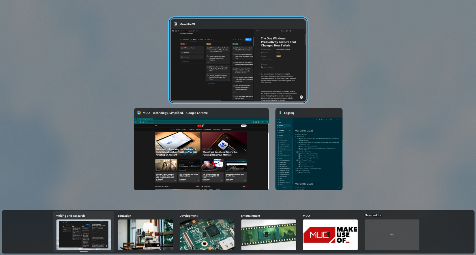 Windows Virtual Desktop showing multiple custom desktops