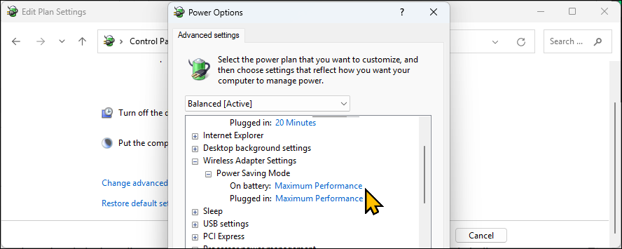 Wireless adapter settings option under Power Options on Windows 11
