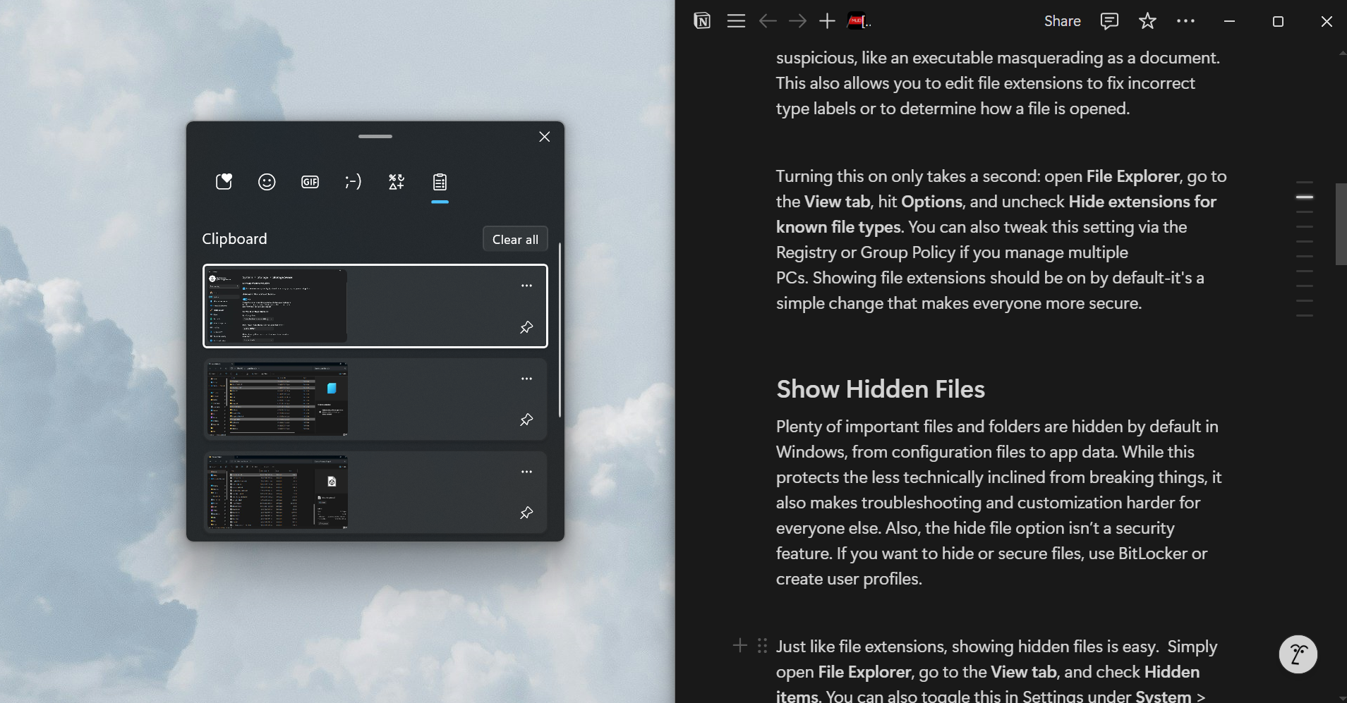 Using clipboard history for writing