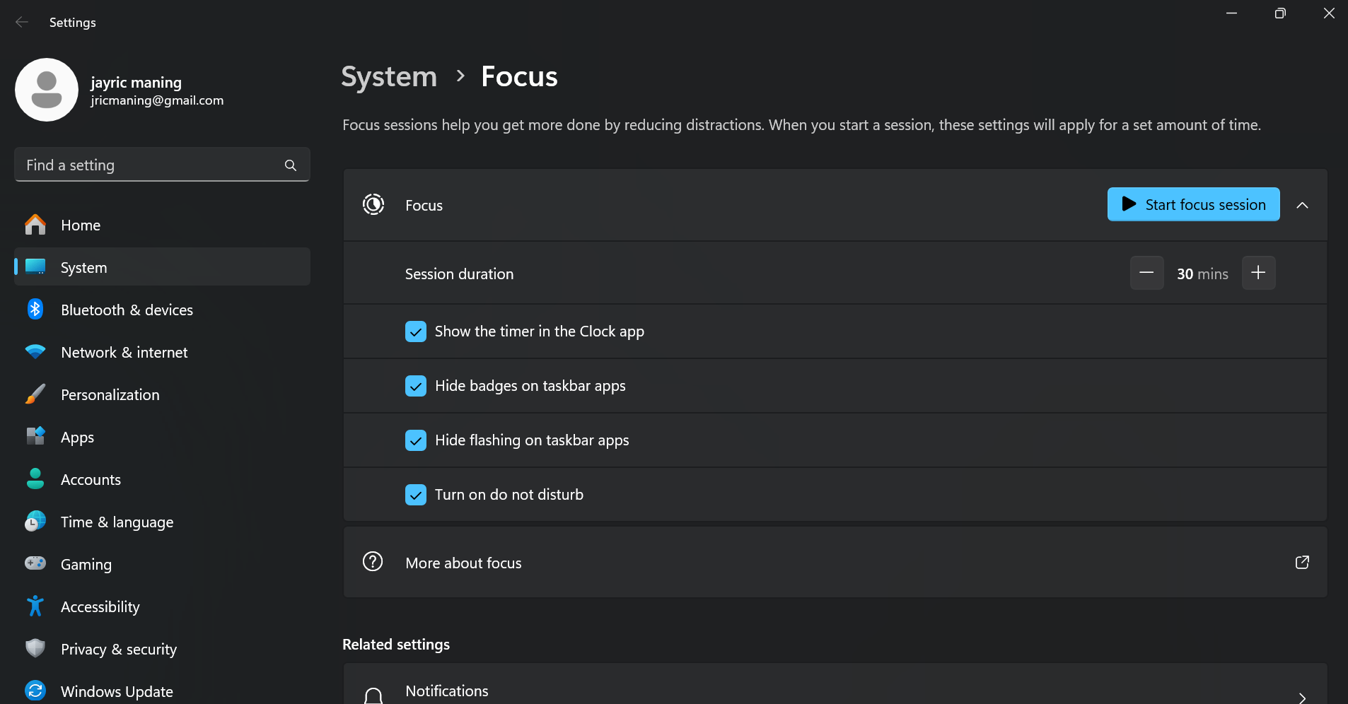 Setting up Windows Focus assist feature