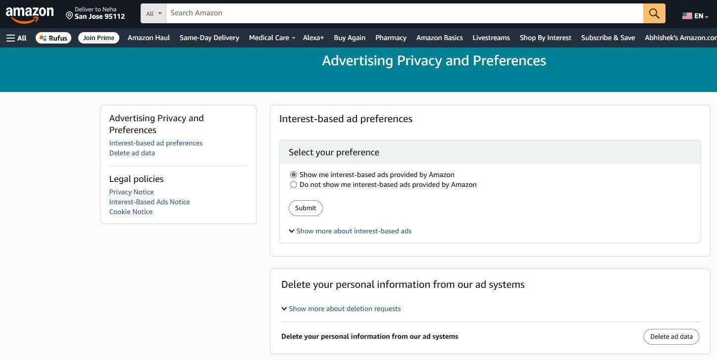 Changing advertising preferences on Amazon