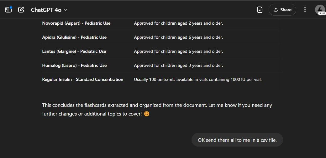 Asking charts to send flashcards as a CSV