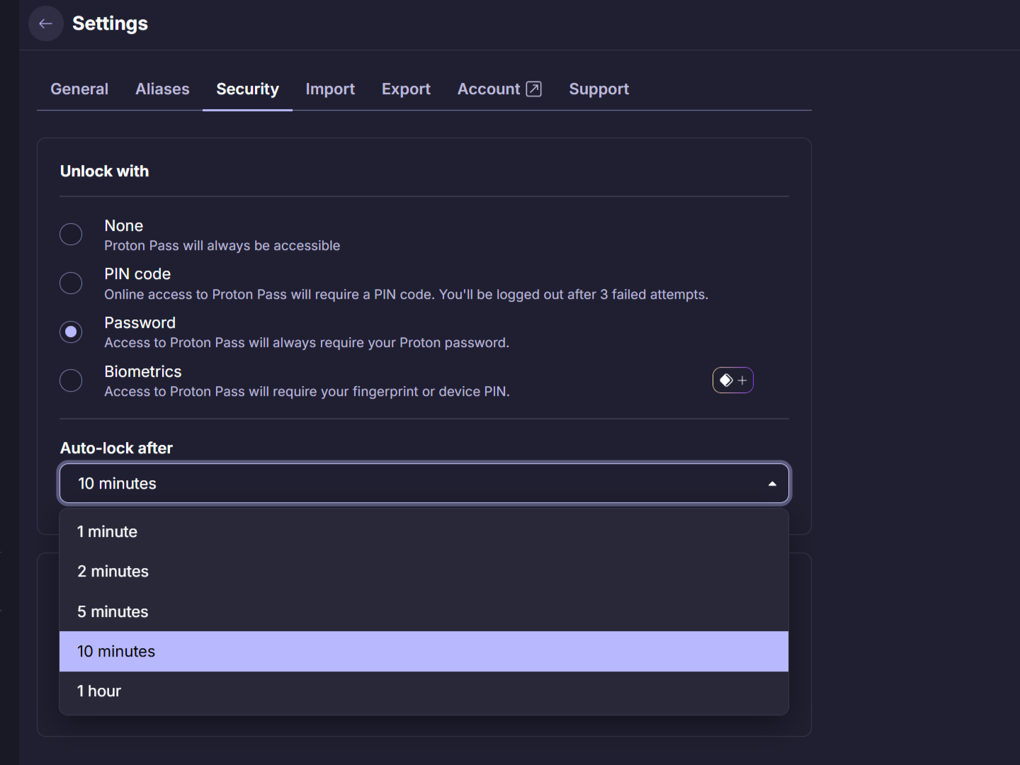Auto-lock timer in Proton Pass set to ten minutes.